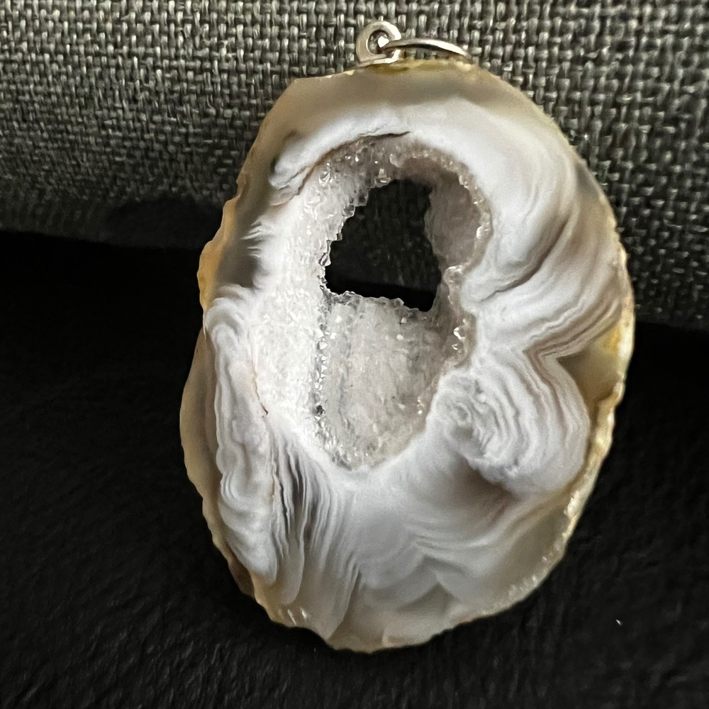 Natural Agate Geode Slice Pendant White Grey Druzy Crystal 1.75in Whimsigothic